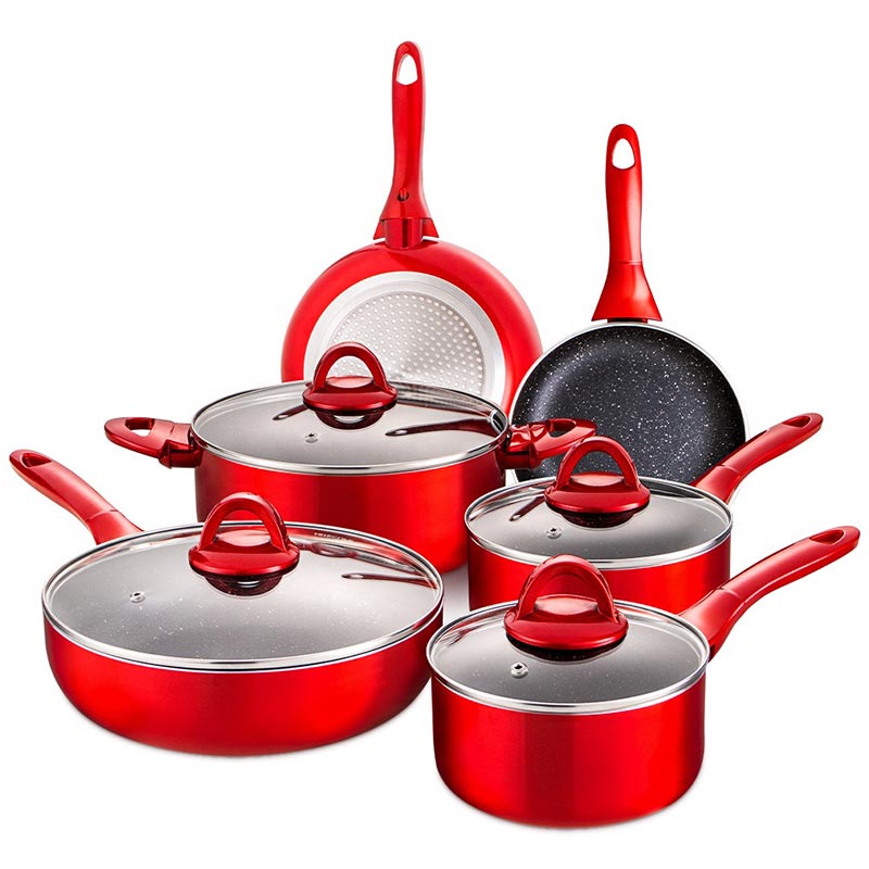 10pc Set Kuali Sup Menggoreng Aluminium dan Kuali Steak Dengan Penutup